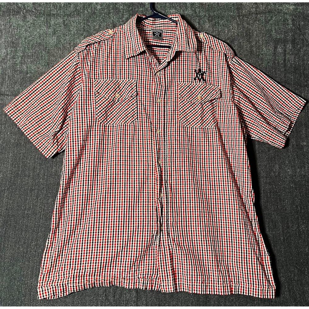 Avirex Mens 2XL Check Plaid Short Sleeve Button Up Shirt Pockets Red/Black/White